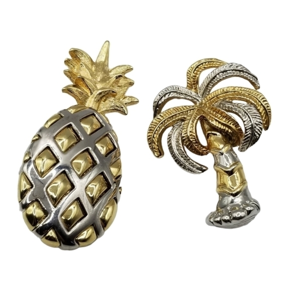 Liz Claiborne Pineapple Brooch Gold Silver Tone Palm Tree Tropical Pin Lot - Picture 1 of 13